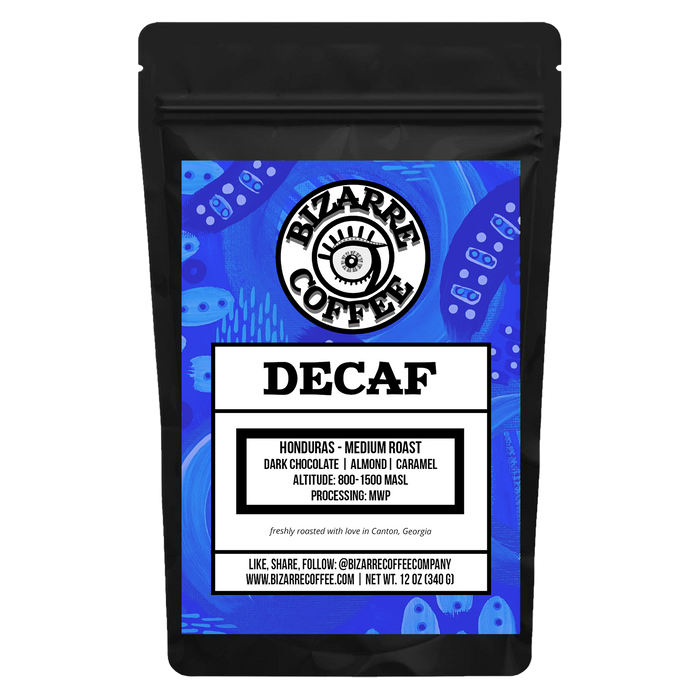 Decaf coffee package with Bizarre Coffee Company label on a blue and black background