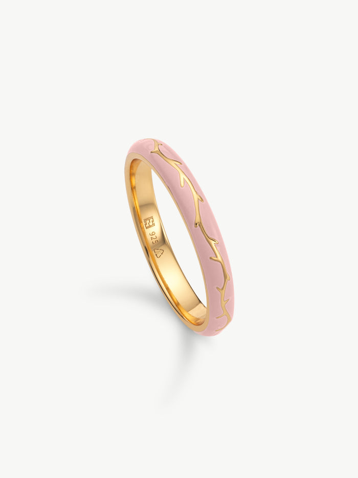 Ophelia pink enamel ring with branch detail in gold vermeil