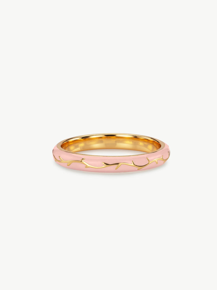 Ophelia pink enamel ring with branch detail in gold vermeil front