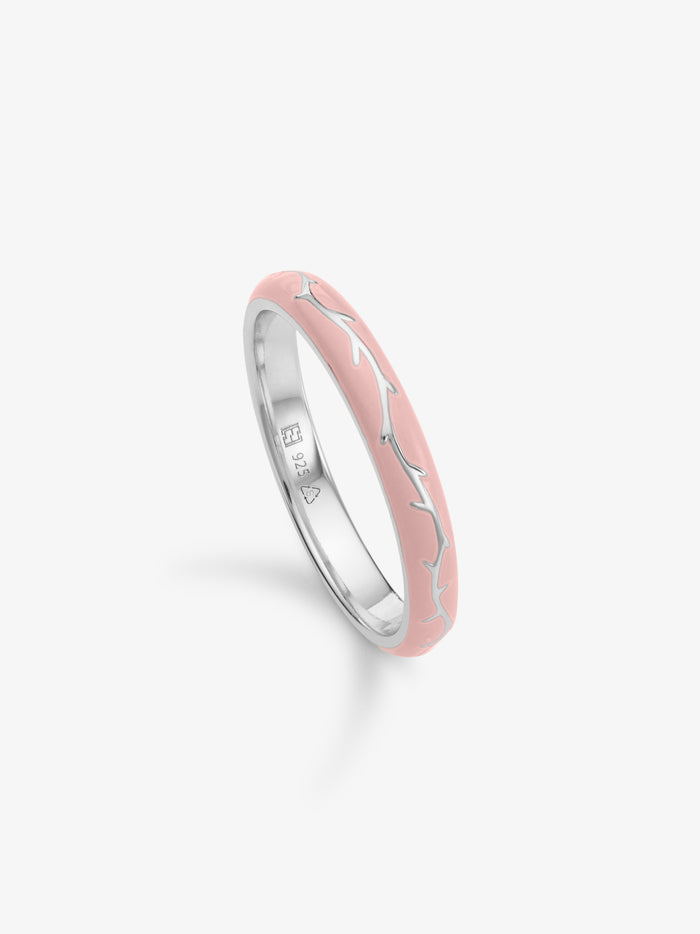 Ophelia pink enamel ring with branch detail in sterling silver angle
