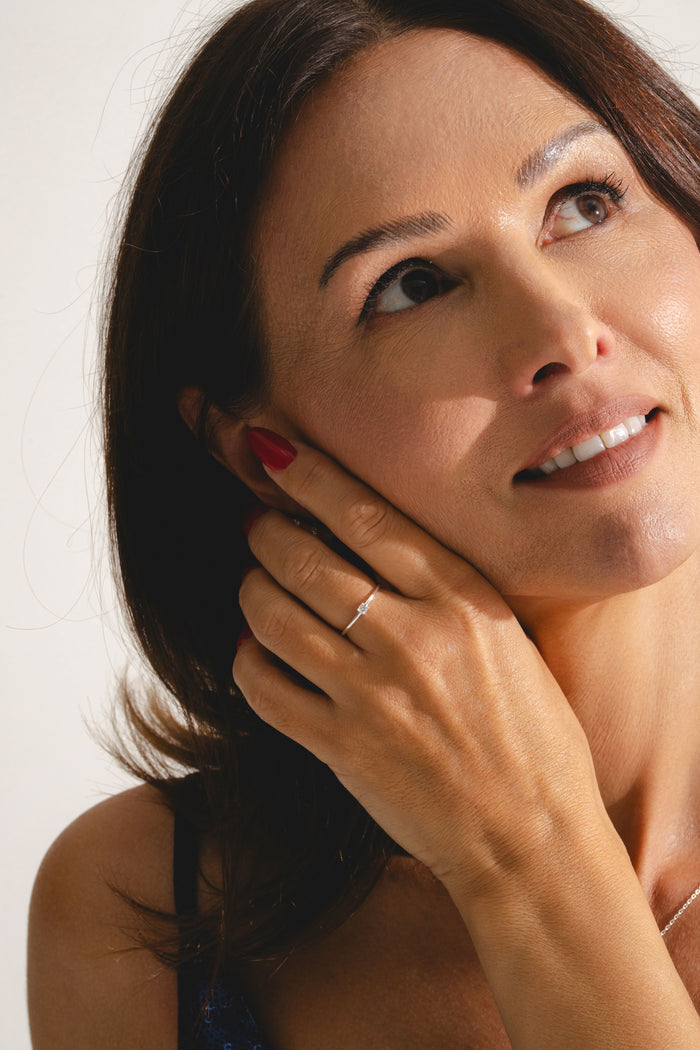 lab grown diamond solitaire ring in sterling silver on model from L'ERA jewellery