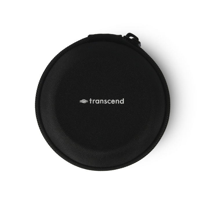 Black round carrying case with Transcend logo on a white background