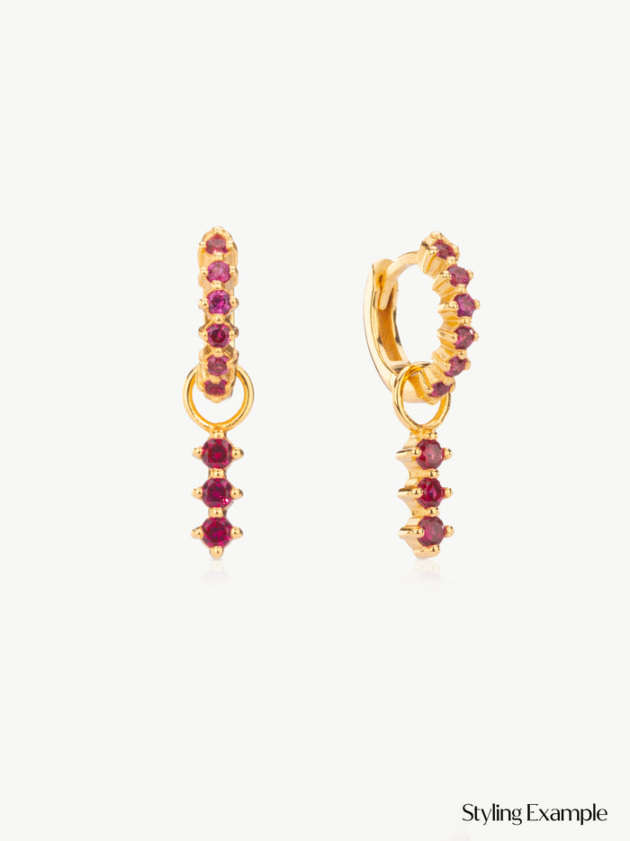 Ruby Triple Earring Charm in Gold Vermeil on Ruby Huggie Hoops