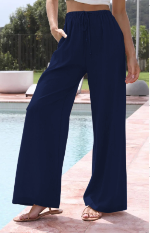 Women's Cotton Linen Wide-Leg Trousers — Drawstring Casual Pants